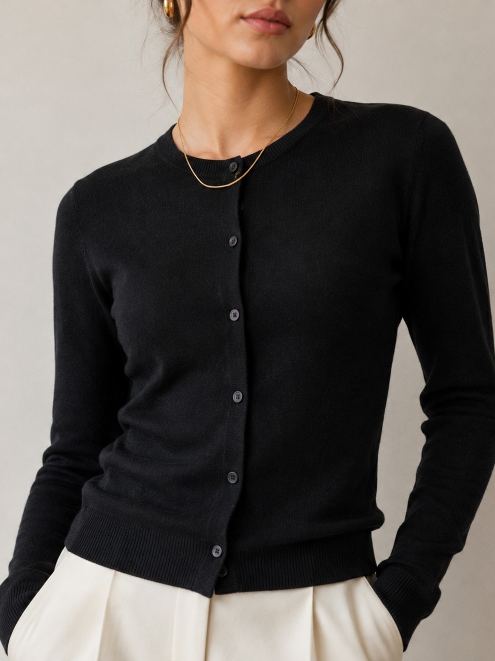Bloomingdale's 100% Cashmere Black Crewneck Cardigan Petite P